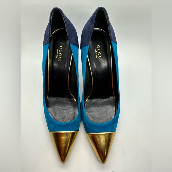 SOLD-GUCCI Turquoise Blue Suede Colorblock Toe Pointed Heels Pumps Size 39 US 9 - Picture 2 of 7